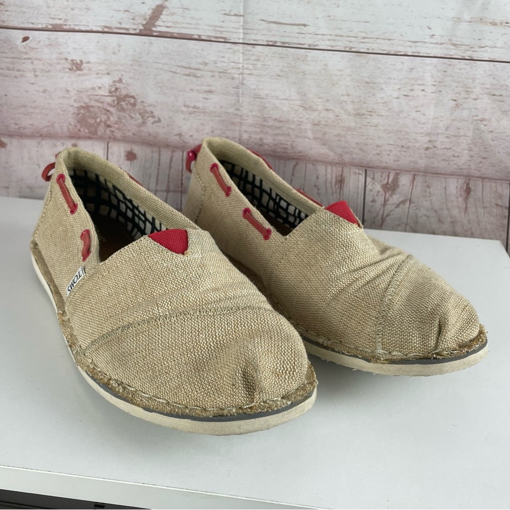 Toms Brown Burlap Red Canvas Slip-On Comfort Flat Boat Shoes Women's Sz 10